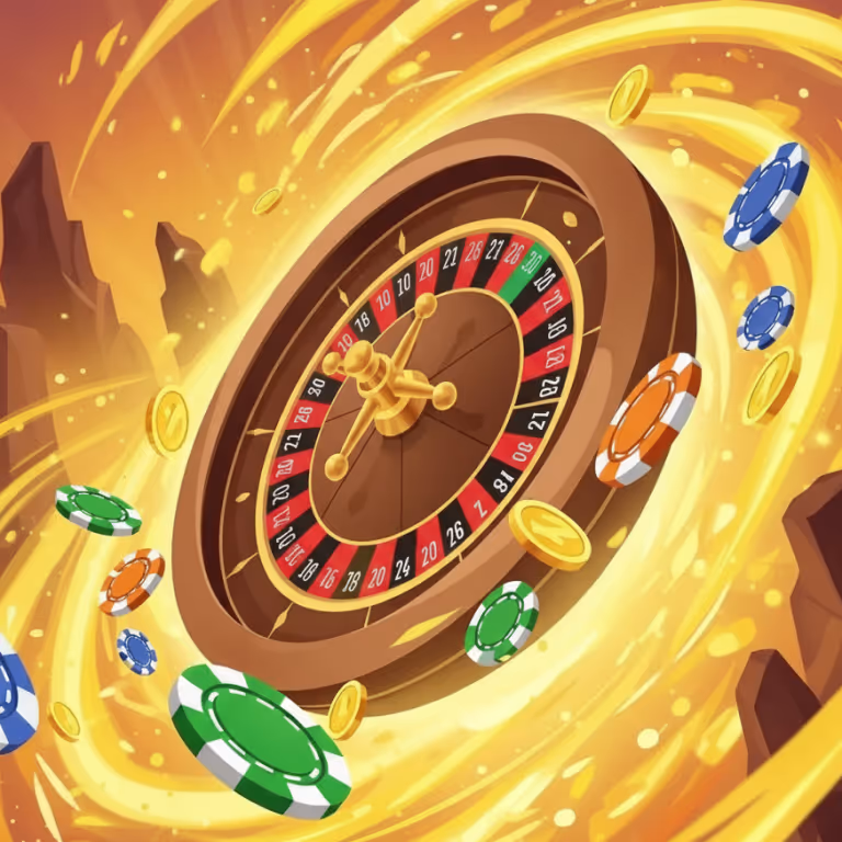 Tornadoboomz Kasino rulettipyörä pyörimässä kasinosirujen keskellä kultaisessa pyörremyrskytaustassa